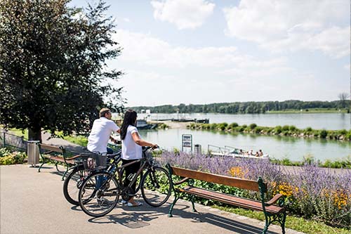 Paar fährt an der Donaulände mit Rad